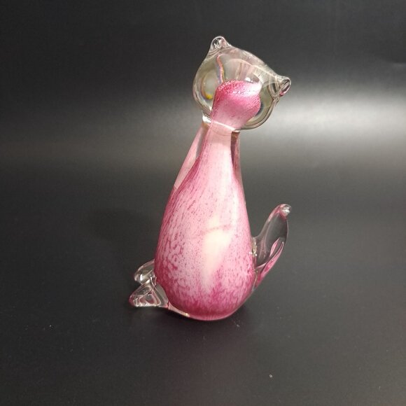 Handcrafted Glass Cat Figurine With Pink Clear Design Vintage - Picture 3 of 8